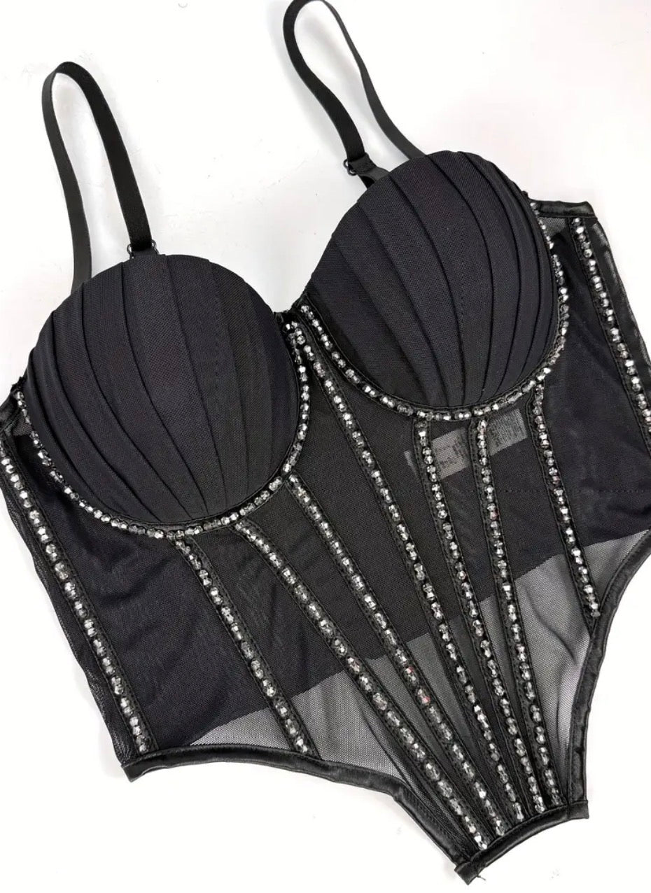 Corset coral de brillos negro